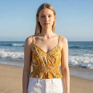 Aeropostale Smocked Peplum Floral Crop Top Sz S Mustard Yellow Boho Summer